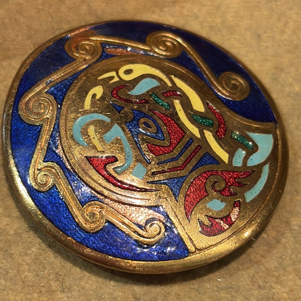Vintage Celtic Blue and Red Enamel Brooch with Gold Accents Irish Welsh Pin
